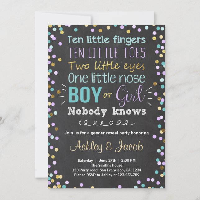 Gender avslöjar inbjudan Boy eller Girl Lila Teal (Framsida)