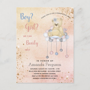 Gender avslöjar nalle pojke flicka i babyduschen inbjudan vykort