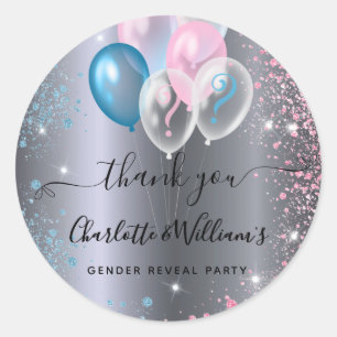 Gender avslöjar party pojkflicka blå rosa silver runt klistermärke