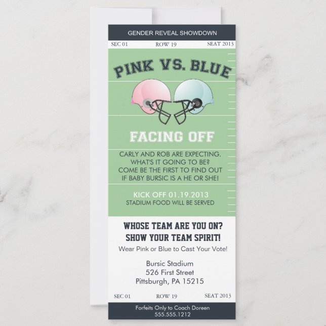 Gender avslöjer fotbollbiljettbaby shower Invitati Inbjudningar (Framsida)