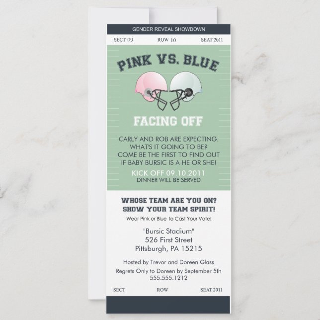 Gender avslöjer fotbollbiljettbaby shower Invitati Inbjudningar (Framsida)