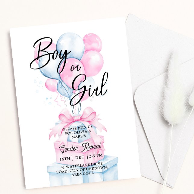 Gender för Blue Rosa Balloon Surprise Box-visning Inbjudningar (Skapare uppladdad)