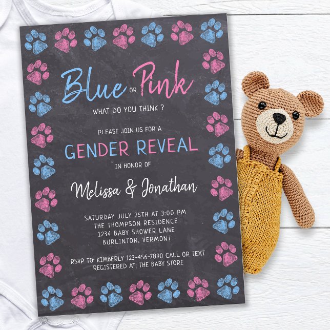 Gender för Chalkboard Blue Rosa Tass avtryck Inbjudningar (Skapare uppladdad)