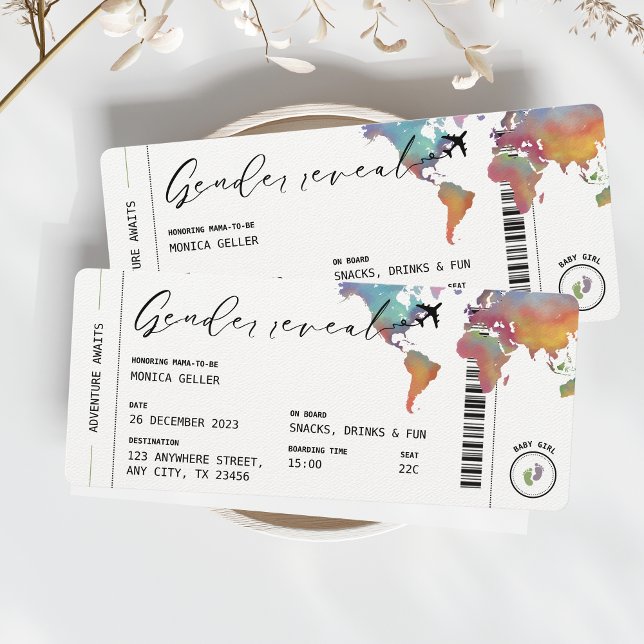 Gender för påstigning av vattenfärgsresor inbjudningar (Gender Reveal Boarding Pass Watercolor Travel Aesthetic Unique Invitation Boy or Girl)
