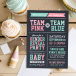 Gender för Team Rosa eller Team Blue Chalkboard Inbjudningar<br><div class="desc">Vänner och familj i inbjudan för att ta reda på om nyfödd bebis är en pojke eller flicka med det här söta trendiget i baby gender avslöjar partiinbjudan. Utformningen har ett sportiskt Team-Rosa eller Team Blue-tema med en roligt fet blandning av typografi i nyans, rosa och blått på en tryckt...</div>