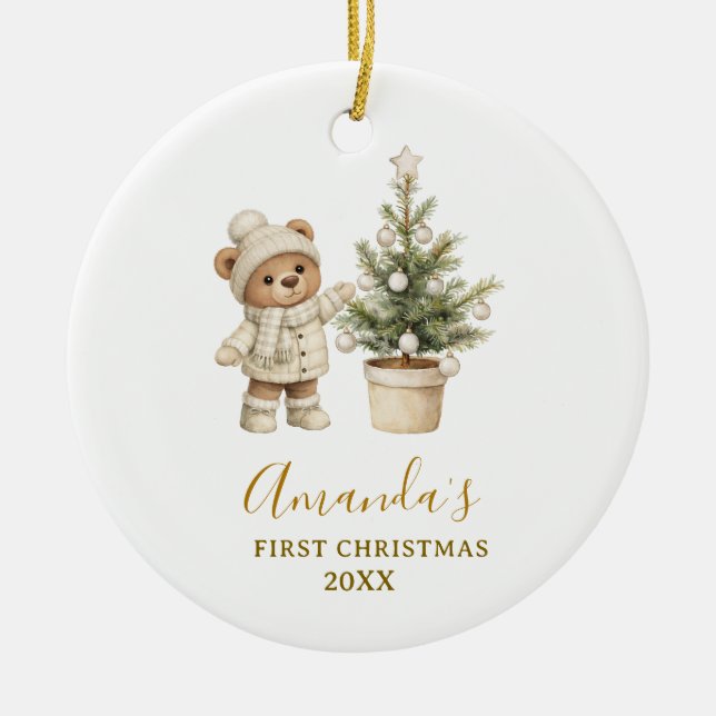Gender Neutral Bear First Christmas Keepsake  Julgransprydnad Keramik (Framsidan)