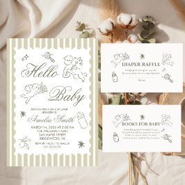 Gender Neutral doodle cupid Baby Shower Green Inbjudningar