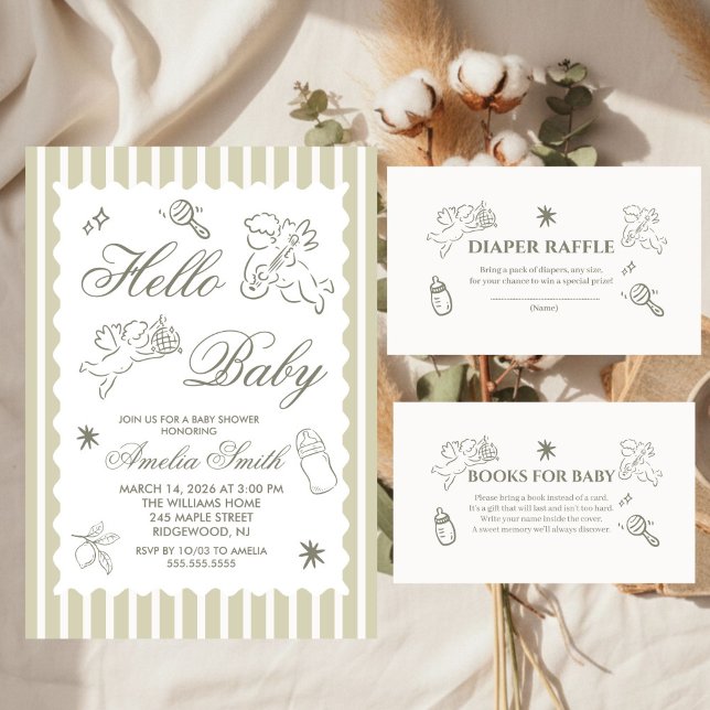 Gender Neutral doodle cupid Baby Shower Green Inbjudningar (Skapare uppladdad)