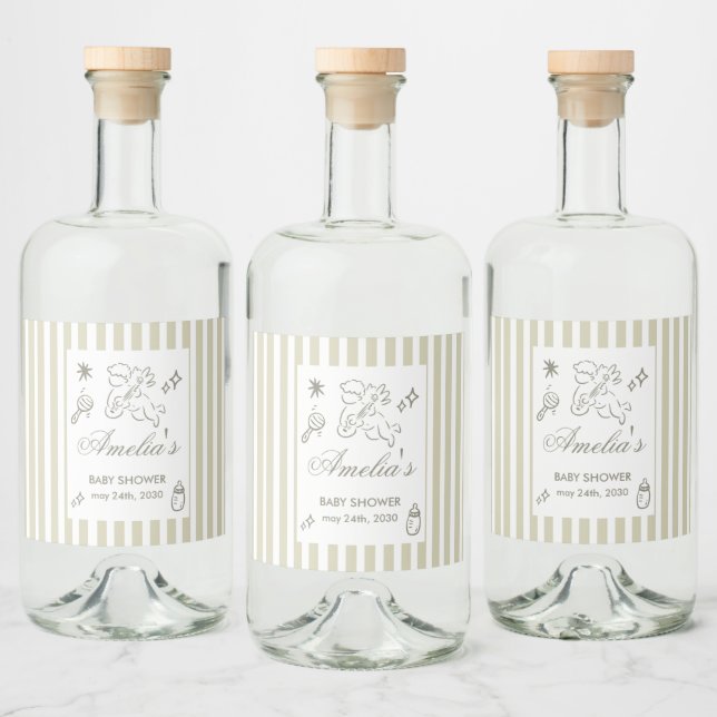 Gender Neutral doodle cupid Baby Shower Green Spritflaskor Etikett (Flaskor)