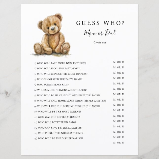 Gender Neutral Teddy Bear Baby Shower Game (Framsida)