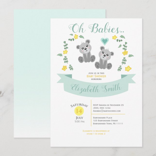 Gender neutral Twin Cute bear babyshower Inbjudningar (Fram/baksida)