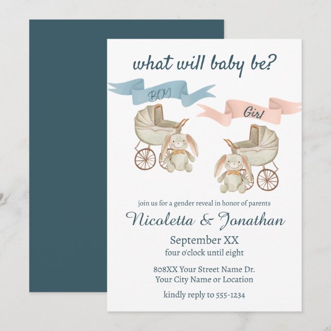 Gender Reveal Baby Bunny Rosa eller Blue Inbjudningar (Fram/baksida)