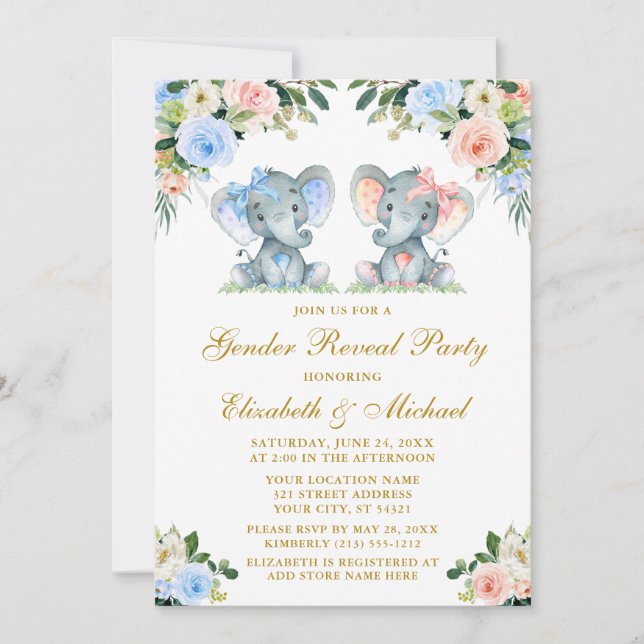 Gender Reveal Baby Elephants Rosa Blue Blommigt Gu Inbjudningar (Framsida)