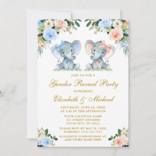 Gender Reveal Baby Elephants Rosa Blue Blommigt Gu Inbjudningar