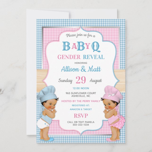 Gender Reveal Baby Q BBQ Rosa Blue Gingham Inbjudningar (Framsida)