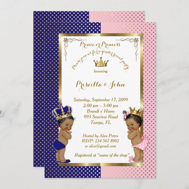 Gender Reveal Baby Shower, blått, rosa, guld Inbjudningar (Fram/baksida)