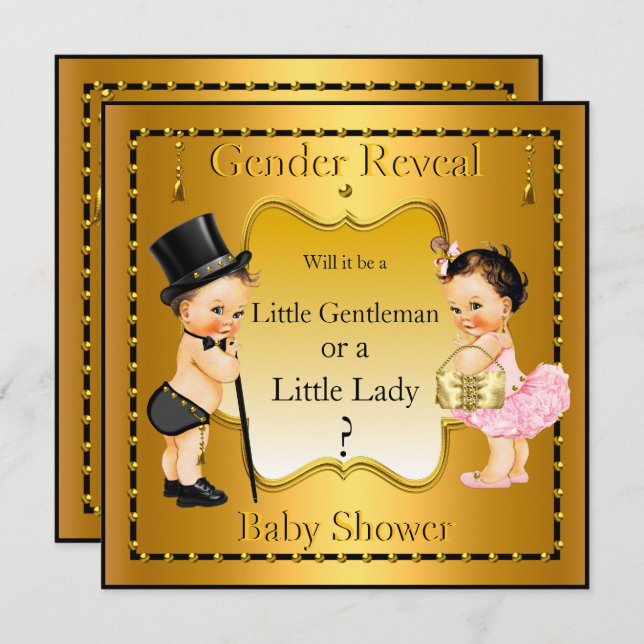 Gender Reveal Baby Shower Boy Girl Guld Brunette Inbjudningar (Fram/baksida)