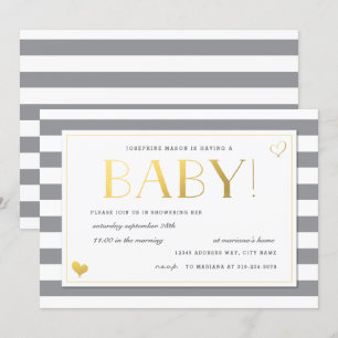 Gender Reveal Baby Shower i Grått & Faux Guld Inbjudningar
