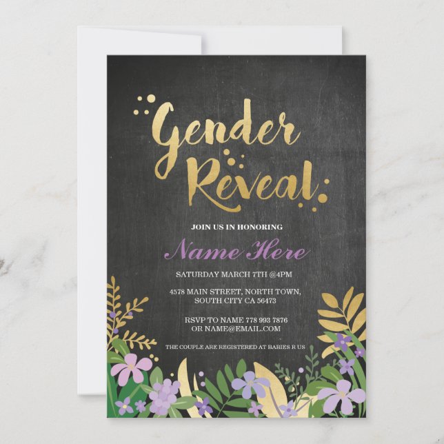 Gender Reveal Baby Shower Inbjudan Guld Lila Black (Framsida)