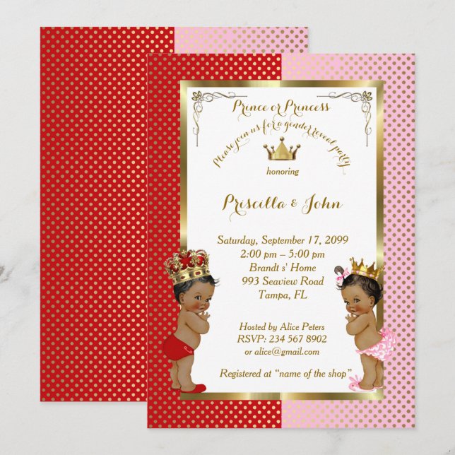Gender Reveal Baby Shower, red, rosa, guld Inbjudningar (Fram/baksida)