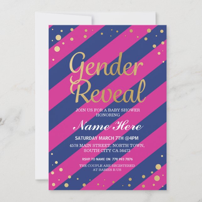Gender Reveal Baby Shower Rosa Blue Guld Inbjudan (Framsida)
