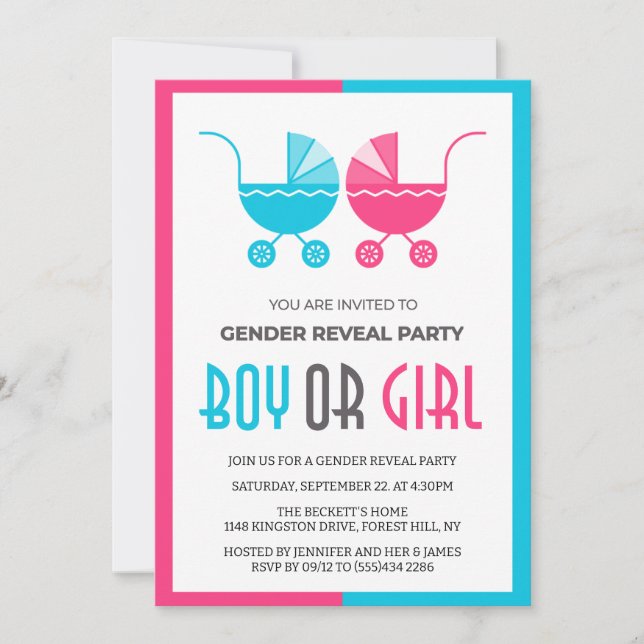 Gender Reveal Barnvagn Twillingar Baby  Inbjudningar (Framsida)