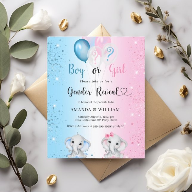 Gender reveal blue pink elephants invitation (Skapare uppladdad)