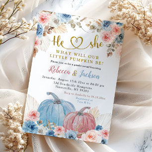 Gender Reveal Boho Rosa Blue Pumpkin Blommigt Inbjudningar