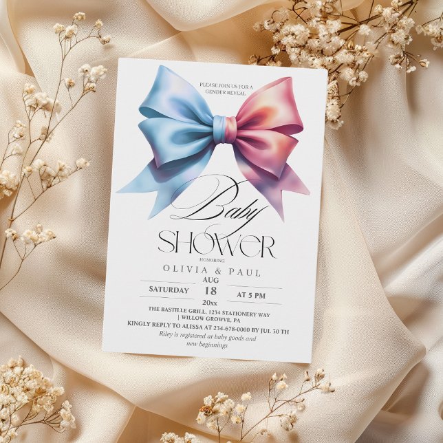 Gender Reveal Bow Rosa and Blue Pojke Girl Inbjudningar (Skapare uppladdad)