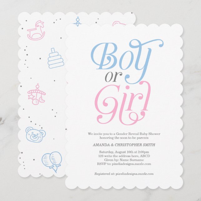 Gender Reveal, Boy eller Girl, Modern Inbjudningar (Fram/baksida)