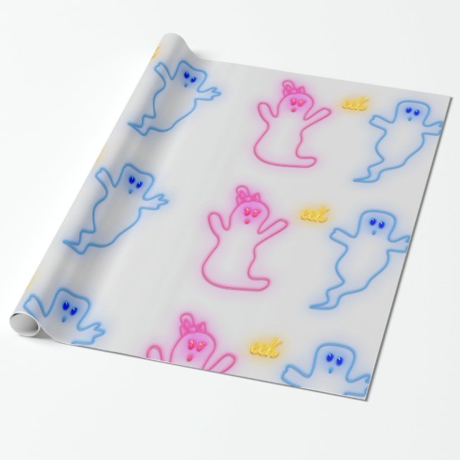 Gender Reveal Boy Girl Rosa Blue Grått Cute Ghost Presentpapper (Utrullad)