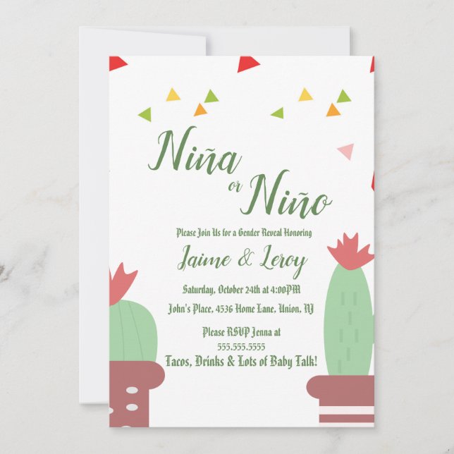 Gender Reveal Cactus Niña Niño Fiesta-inbjudan Inbjudningar (Framsida)