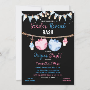 Gender Reveal Diaper Stash Clothesline Han eller h Inbjudningar