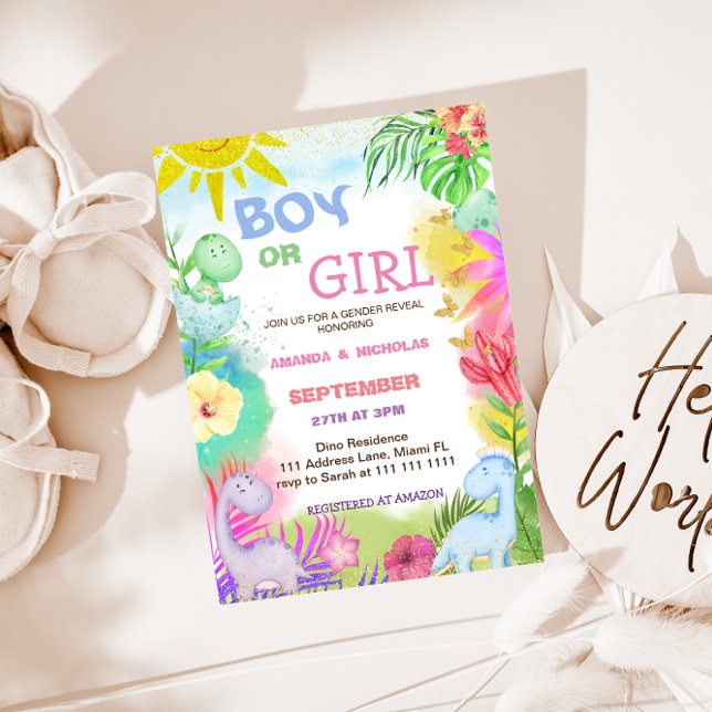Gender Reveal Dino Blommigt Glitter Inbjudningar (Skapare uppladdad)