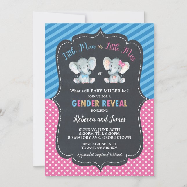Gender Reveal Elephant Little Man eller Little Mis Inbjudningar (Framsida)
