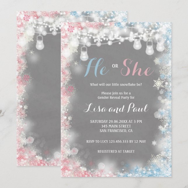 Gender Reveal En liten snöflake är på väg Inbjudningar (Fram/baksida)