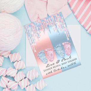 Gender Reveal Feet Glitter Rosa Blue Baby Twnins Inbjudningar
