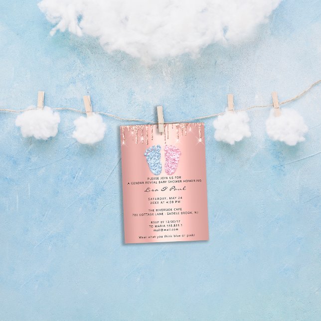 Gender Reveal Feet Glitter Rosa Blue Drip Boy Girl Inbjudningar (Gender Reveal Feet Glitter Pink Blue Drip Boy Girl Invitation)