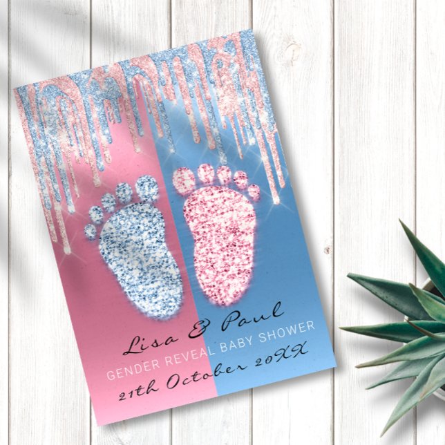Gender Reveal Glitter Drift Rosa Blue Pojke Girl Inbjudningar (Gender Reveal Glitter Drip Pink Blue Baby Boy Girl Invitation)