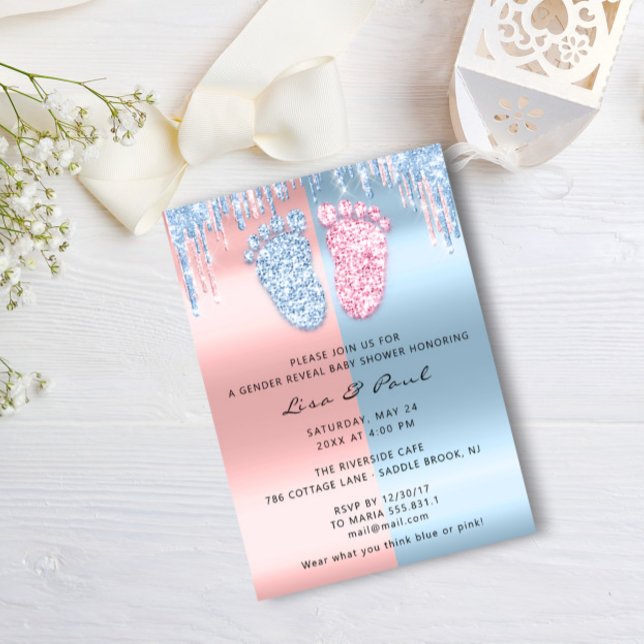 Gender Reveal Glitter DrivesPink Blue Pojke Girl Inbjudningar (Gender Reveal Glitter DripsPink Blue Baby Boy Girl Invitation)