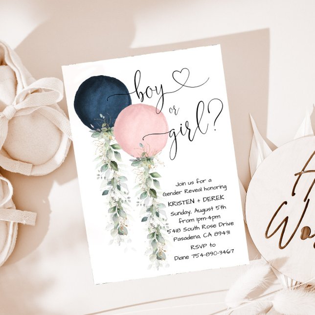 Gender Reveal Greenery Watercolor Balloons Inbjudningar (Skapare uppladdad)