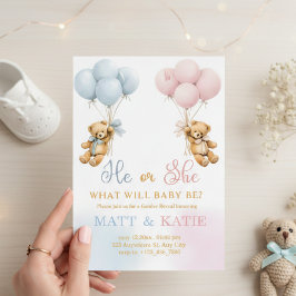 Gender Reveal "He or She Bear Balloons Blue Pink  Inbjudningar