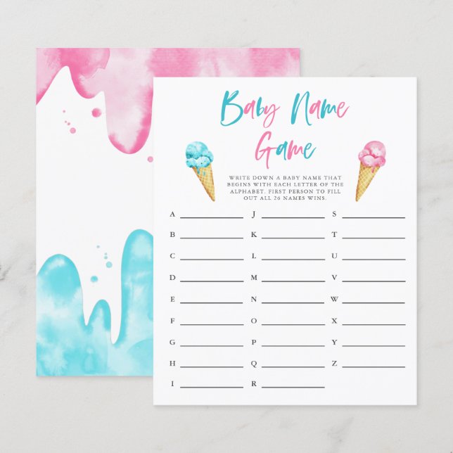 Gender Reveal Ice Cream Baby Namn Shower Game (Fram/baksida)
