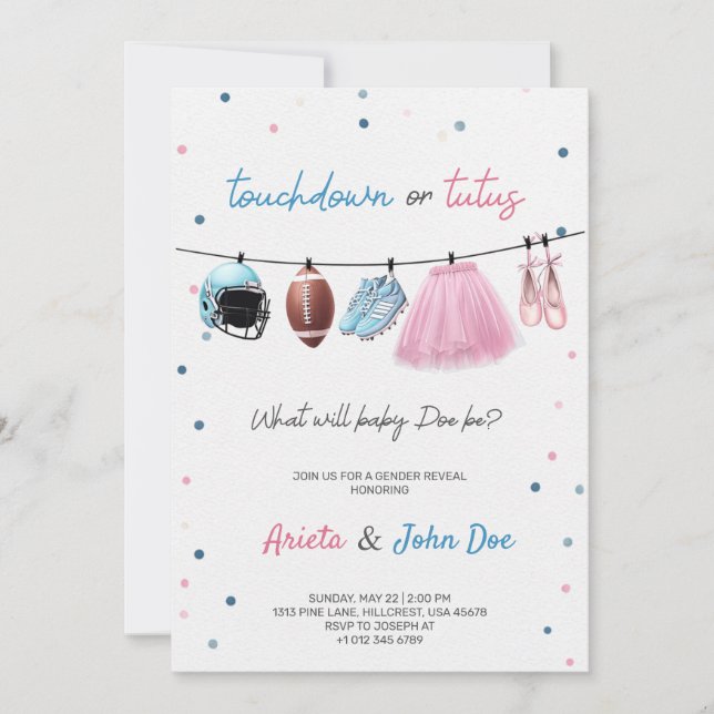 Gender Reveal Invitation card with a football,tutu Inbjudningar (Framsida)