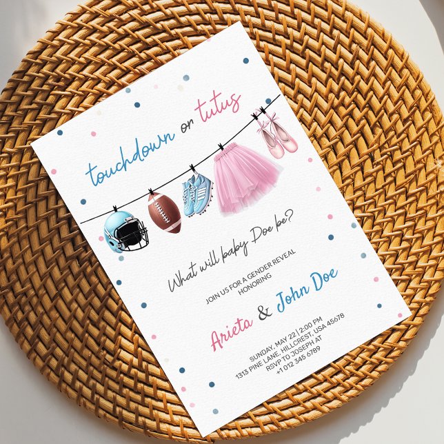 Gender Reveal Invitation card with a football,tutu Inbjudningar (Skapare uppladdad)