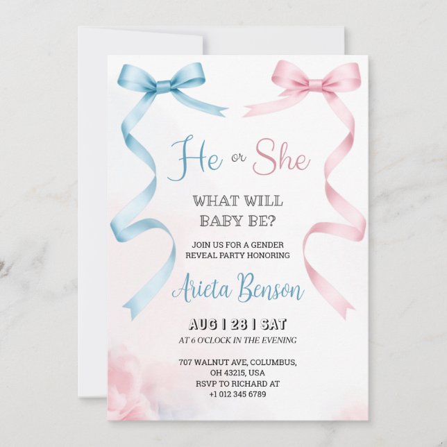 gender reveal invitation card with pink Invitation Inbjudningar (Framsida)