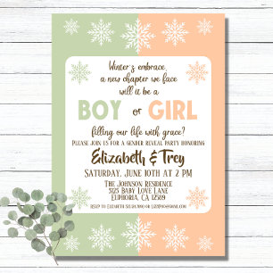 Gender Reveal (Olive) och Peach Winter Snöflingor Inbjudningar
