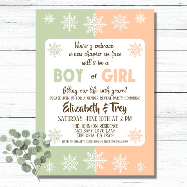 Gender Reveal (Olive) och Peach Winter Snöflingor Inbjudningar (Forget the traditional pink and blue with this sage green and peach winter gender reveal invitation.)