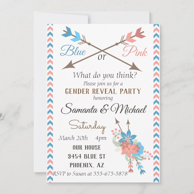 Gender Reveal Party Arrow Blue Rosa Boho Flowers Inbjudningar (Framsida)