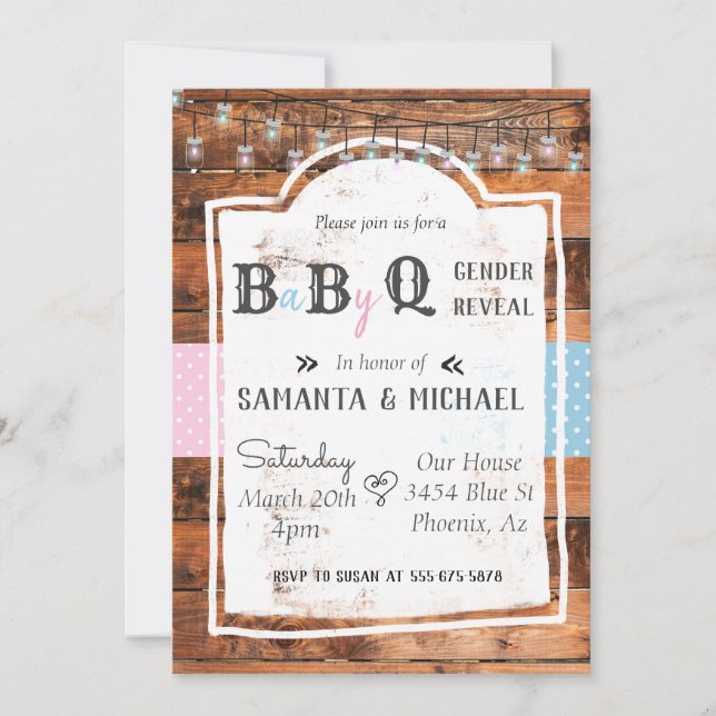 Gender Reveal Party BBQ Rustic Wood Land Inbjudningar (Framsida)